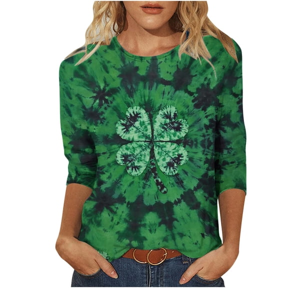 Blouses for Women 3/4 Sleeve,St Patricks Day Shirts Women 2026 Tie Dye 3/4 Sleeve Irish Shamrock Casual Tees Clover Graphic Paddys Tops