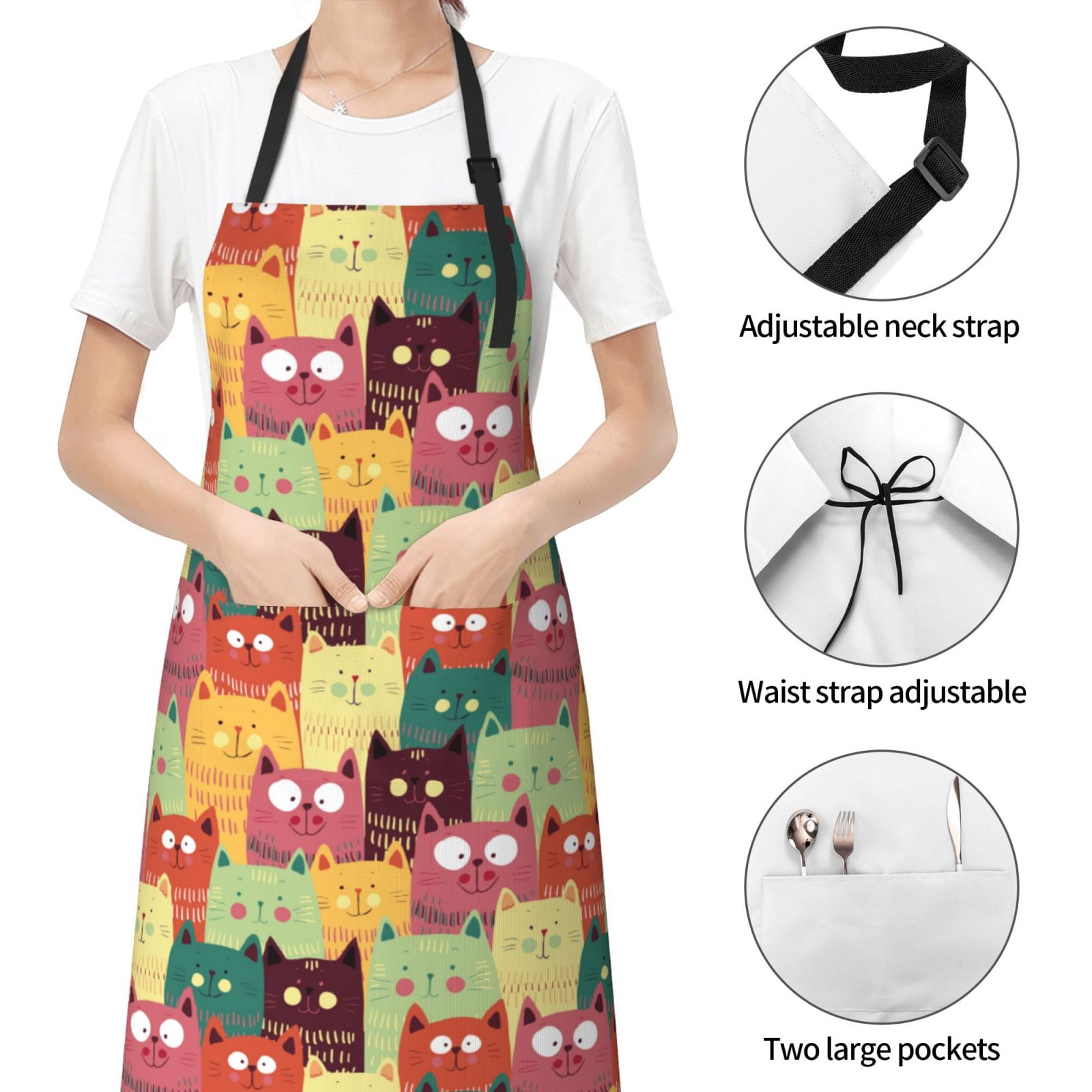 Kdxio Cute Cartoon Cat Apron with Pockets Adjustable Kitchen Aprons for Men Women Waterproof Aprons for Cooking,Drawing,Crafting, Baking Household Cleaning