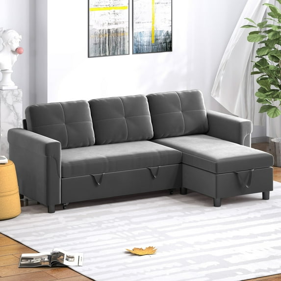 ZAFLY Sectional Sleeper Sofa with Reversible Left/Right Storage Chaise,Modern Futon Sofa Bed L-Shaped Couch Bed,Dutch Velvet Pull Out Sofa Couch Bed for Living Room/Apartment (Dark Gray)