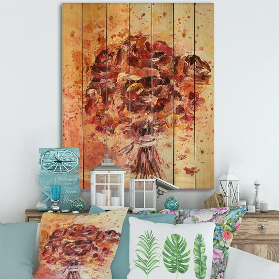 Designart 'Ancient Red Fresh Flowers Bouquet' Traditional Print on Natural Pine Wood