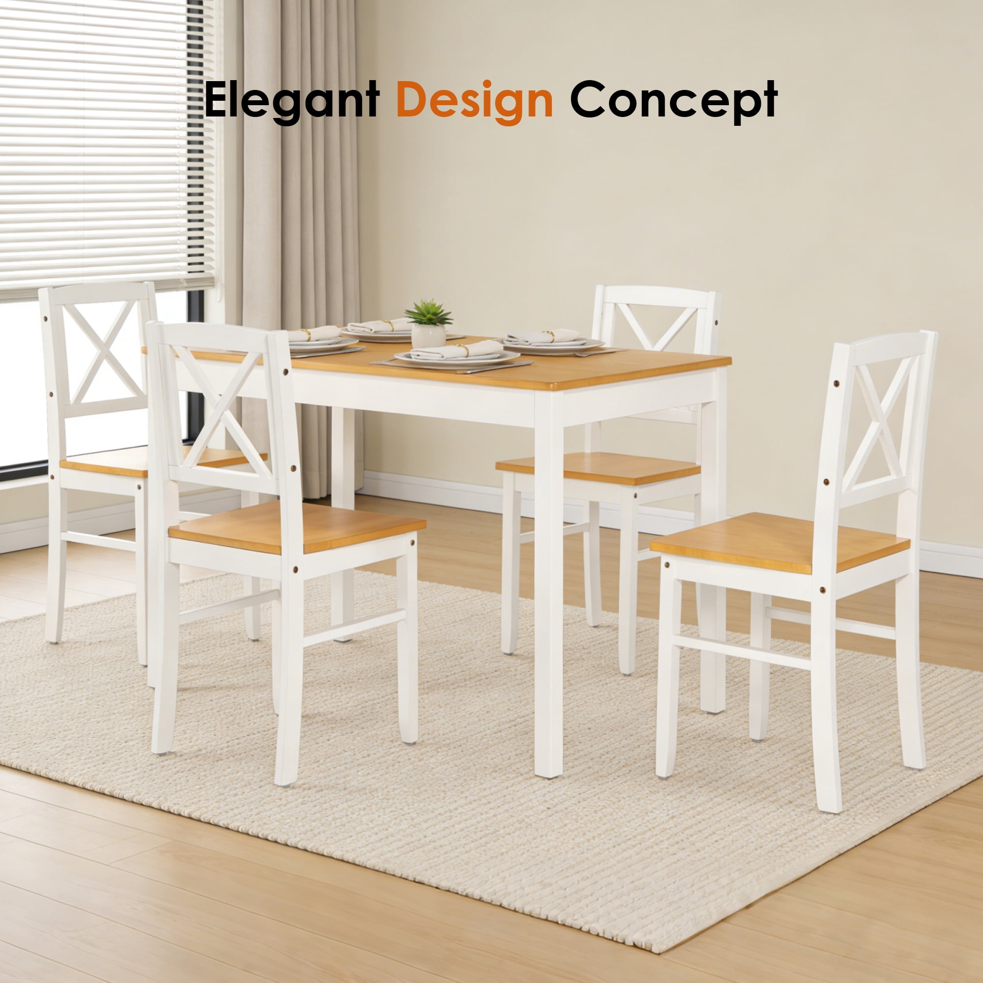 Dining Table Set, Kitchen Table Set, 5 Piece Dining Set 5 Piece Solid Rubberwood Table with 4 Chairs Space Saving Design Smooth Easy Clean Surface for Small Spaces, Ancient White
