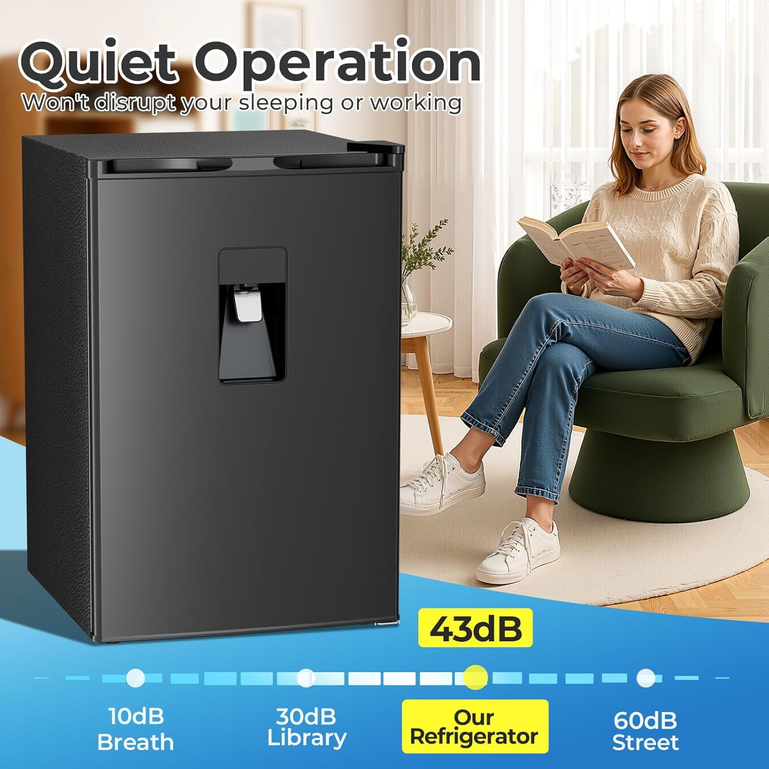 WAA 4.4 Cu.Ft Mini Fridge with Water Dispenser Adjustable Temp,Low Noise for Small Spaces (Black)