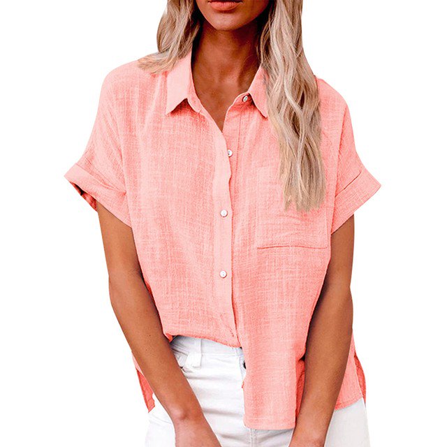 JUNWELL Chemise Simple et Mode pour Femmes Chemises Classiques Décontractées Coton Lin Manches Courtes Col à Revers Chemise Boutonnée Hauts Tempérament