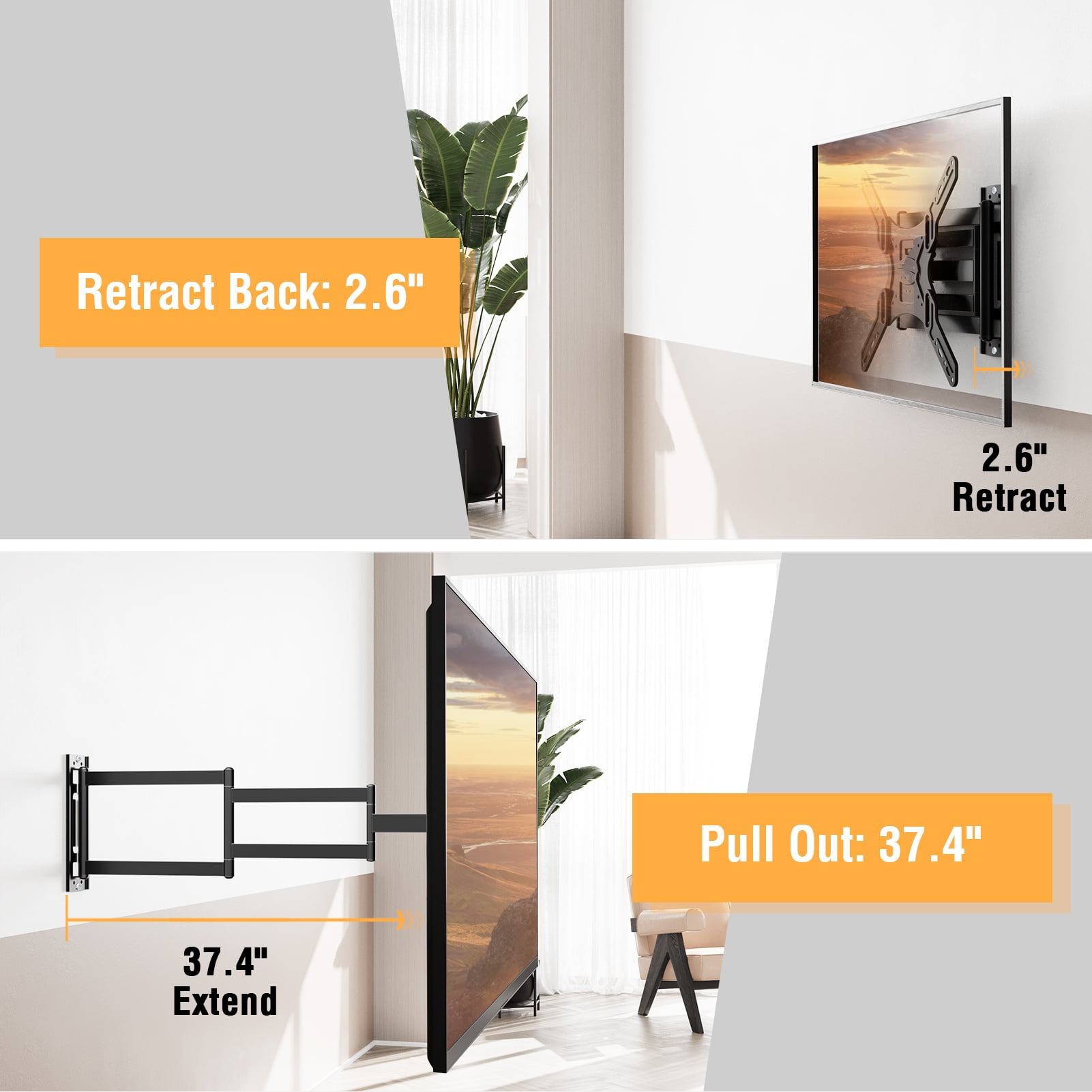 HOMOUNT Full Motion Long Arm TV Wall Mount for 26"-65"TVs, Corner TV Mount Bracket with 37.4" Extension Arm, Articulating Swivel Tilt Single Stud, Max 400x400mm, Holds up to 77 lbs