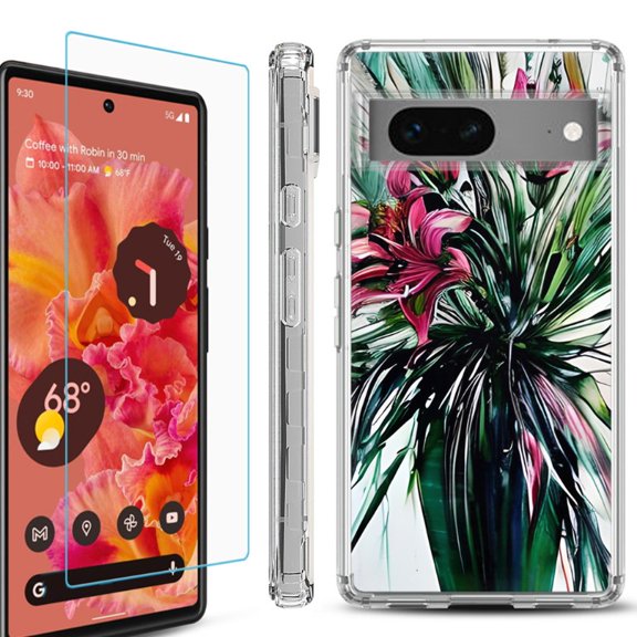 OneToughShield ® Compatible with Google Pixel 8, Shockproof Phone Case, with Tempered Glass Screen Protector - Lily