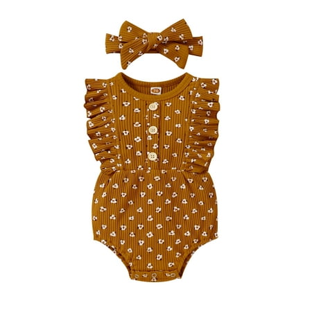 

Binpure Infant Baby Flying Sleeve Ruffled Jumpsuit Ribbed Floral Bodysuit with Hairband