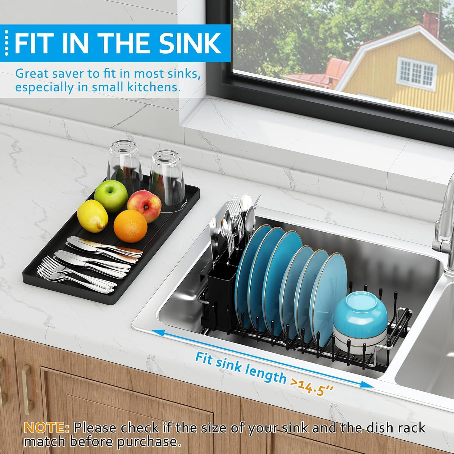 HBlife Expandable Sink Dish Drying Rack, Small Dish Rack Over Sink with Silicone Drying Tray, Sink Dish Drainer for Kitchen Counter with Cutlery Holder