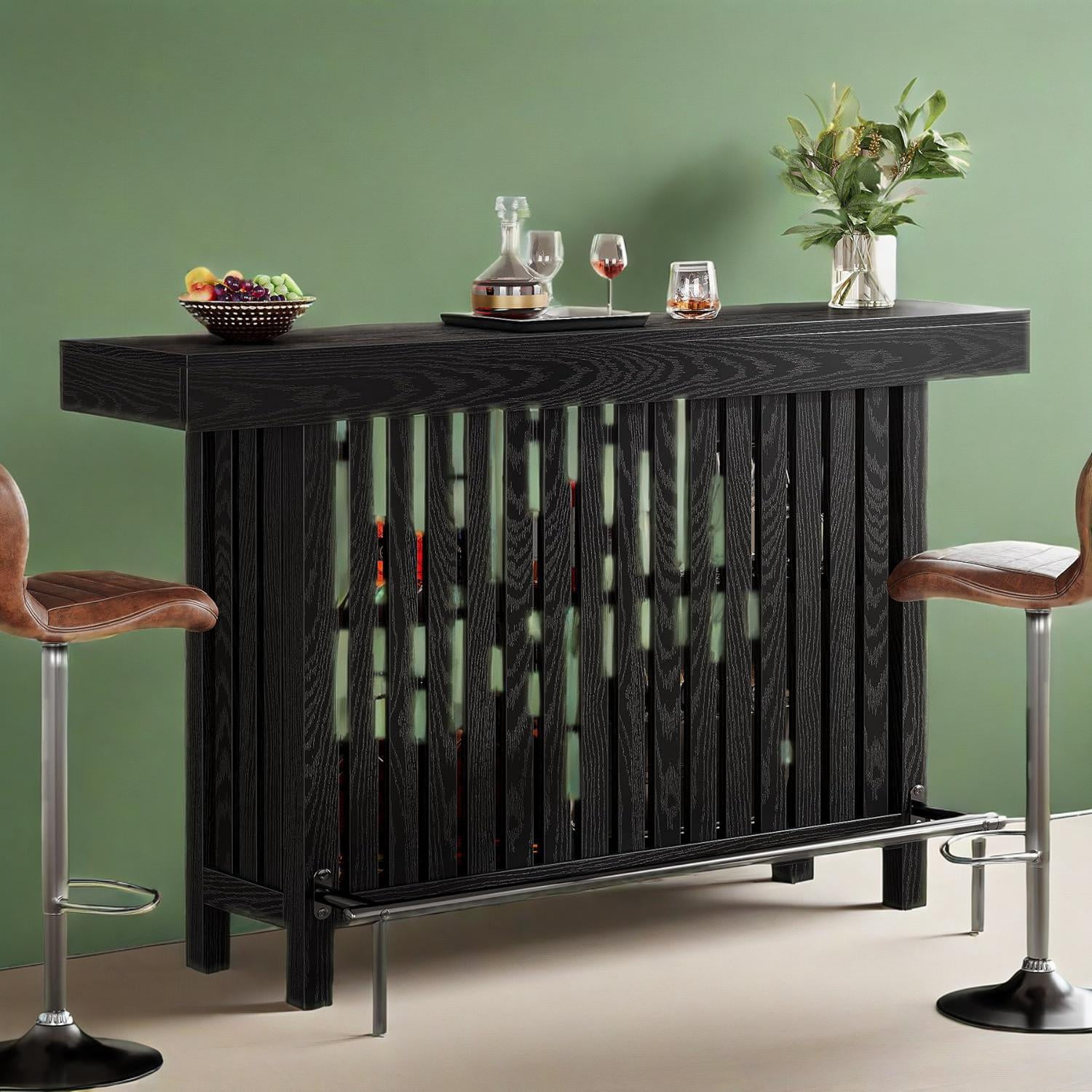 All Black Bar Table with 2-Tier Storage, 62.99" x 15.75" Large Top, Sturdy Modern Bar Cabinet for Multi-Spaces