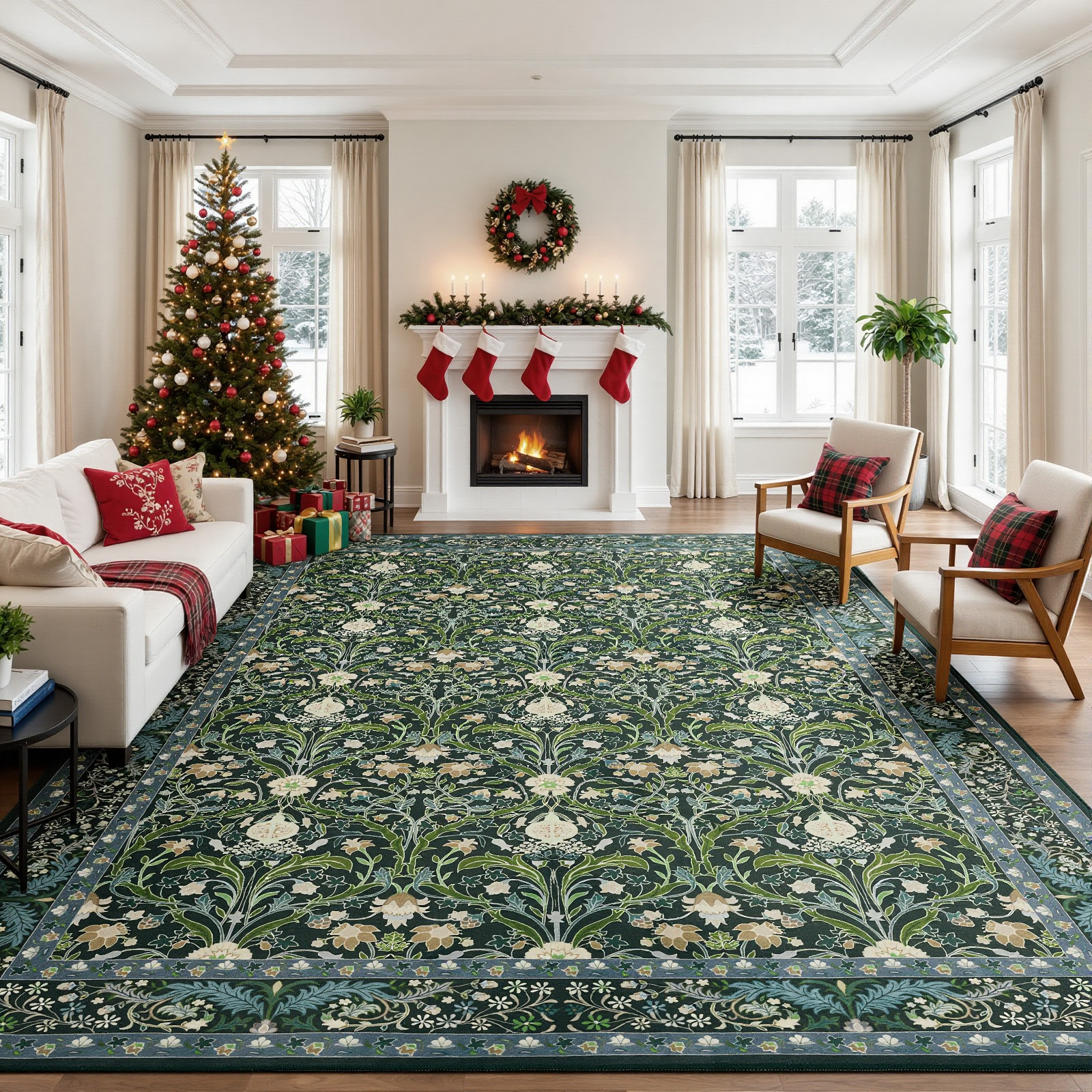 8x10 Area Rugs for Living Room, Green Washable Area Rugs with Non-Slip Backing, Boho Floral Vintage Carpets Low Pile for Dining Room, Bedroom, Home Office, Indoor, Nursery, Apartment.
