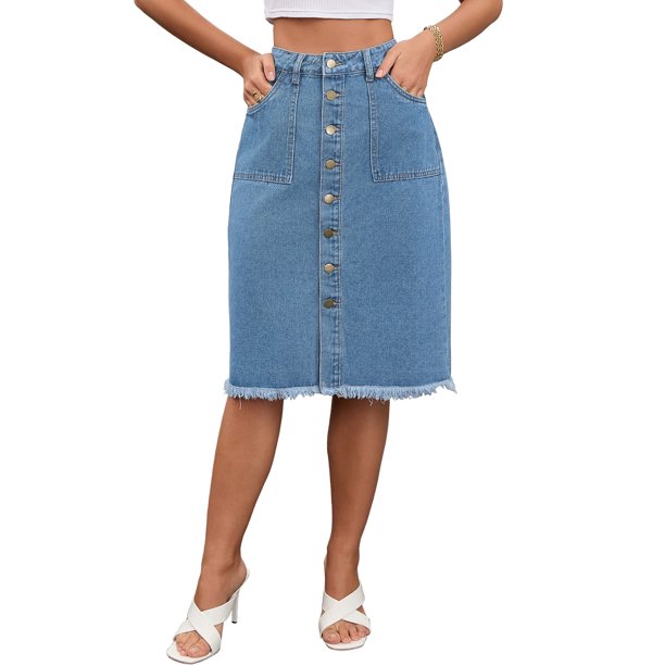 Falda de Mezclilla para Mujer INSPIRE CHIC con Botón, Bordes Deshilachados, Longitud a la Rodilla, Casual, Talla S, Azul