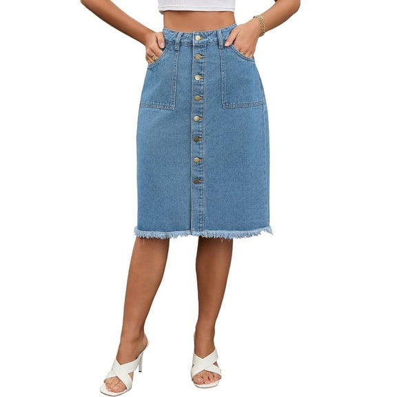 INSPIRE CHIC Women's Skirt Denim Button Down Frayed Trim H-Line Knee Length Casual Jean Skirts S Blue