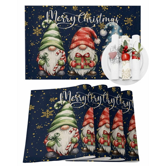 Merry Christmas Placemats Set of 4 Cute Red Blue Yellow Gnome Snow Heat Insulation Washable Place Mats, Rustic Non-Slip Table Mats for Dining Table Party Kitchen Decor,13x19 Inch