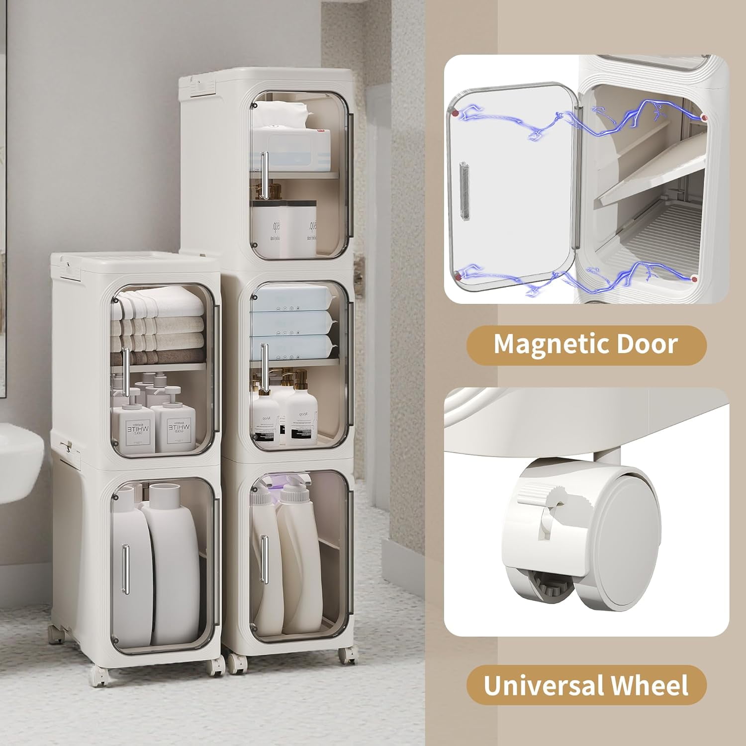 4-Tier Bathroom Storage Cabinet with Wheels, Adjustable Shelves, Magnetic Doors, Plastic Slim Bathroom Organizers and Storage for Small Spaces, Kitchen, Laundry Room, White