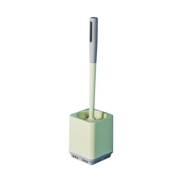Juego de cepillo para inodoro con mango largo para limpiar rincones difíciles, cepillo de baño de plástico con cerdas suaves, montado en la pared, con base de almacenamiento, color gris, azul y