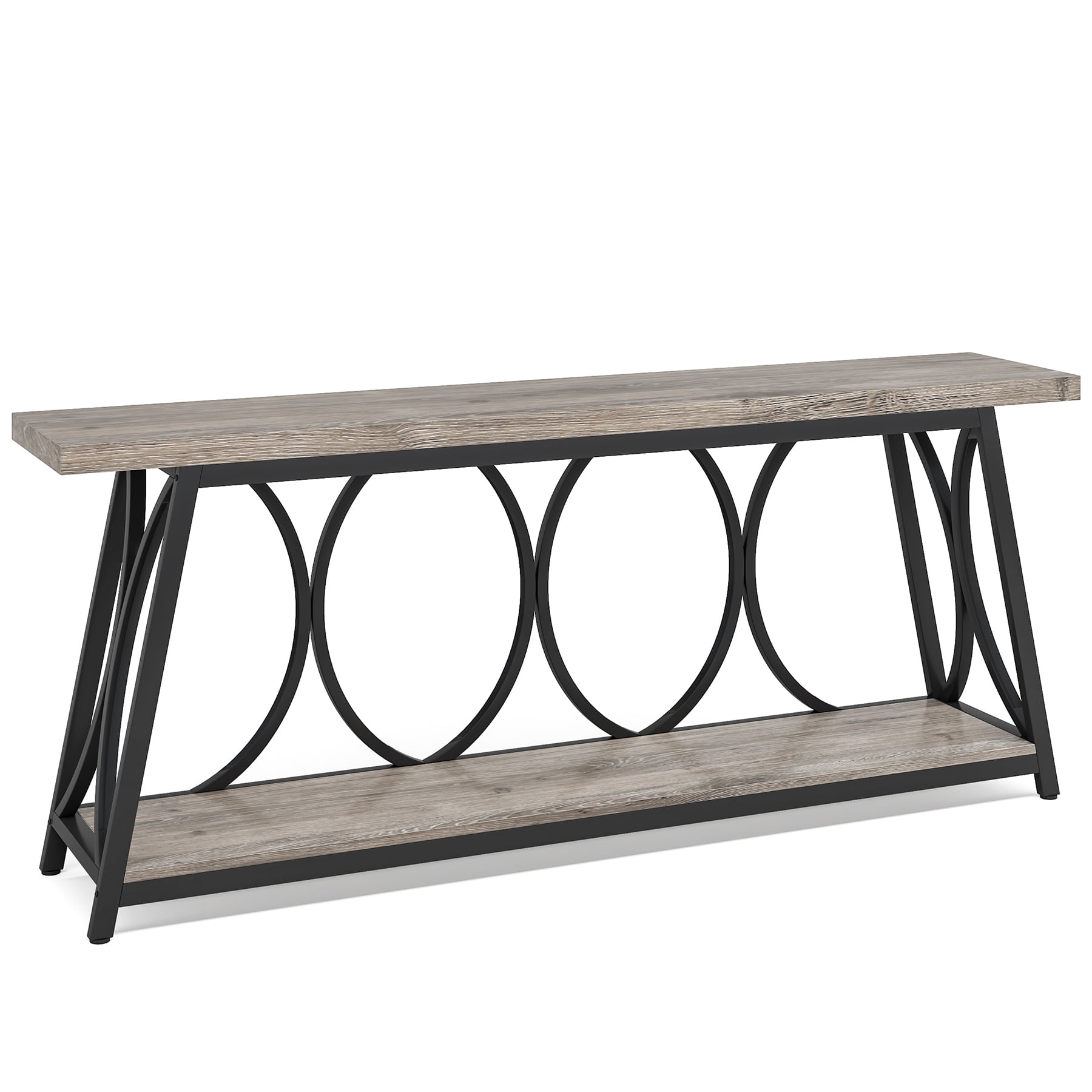 Fnova 70.87" Extra Long 2-Tier Console Table, Industrial Sofa Table with Decorative Circular Metal Frame,  Entryway Hallway Behind Couch Storage Console