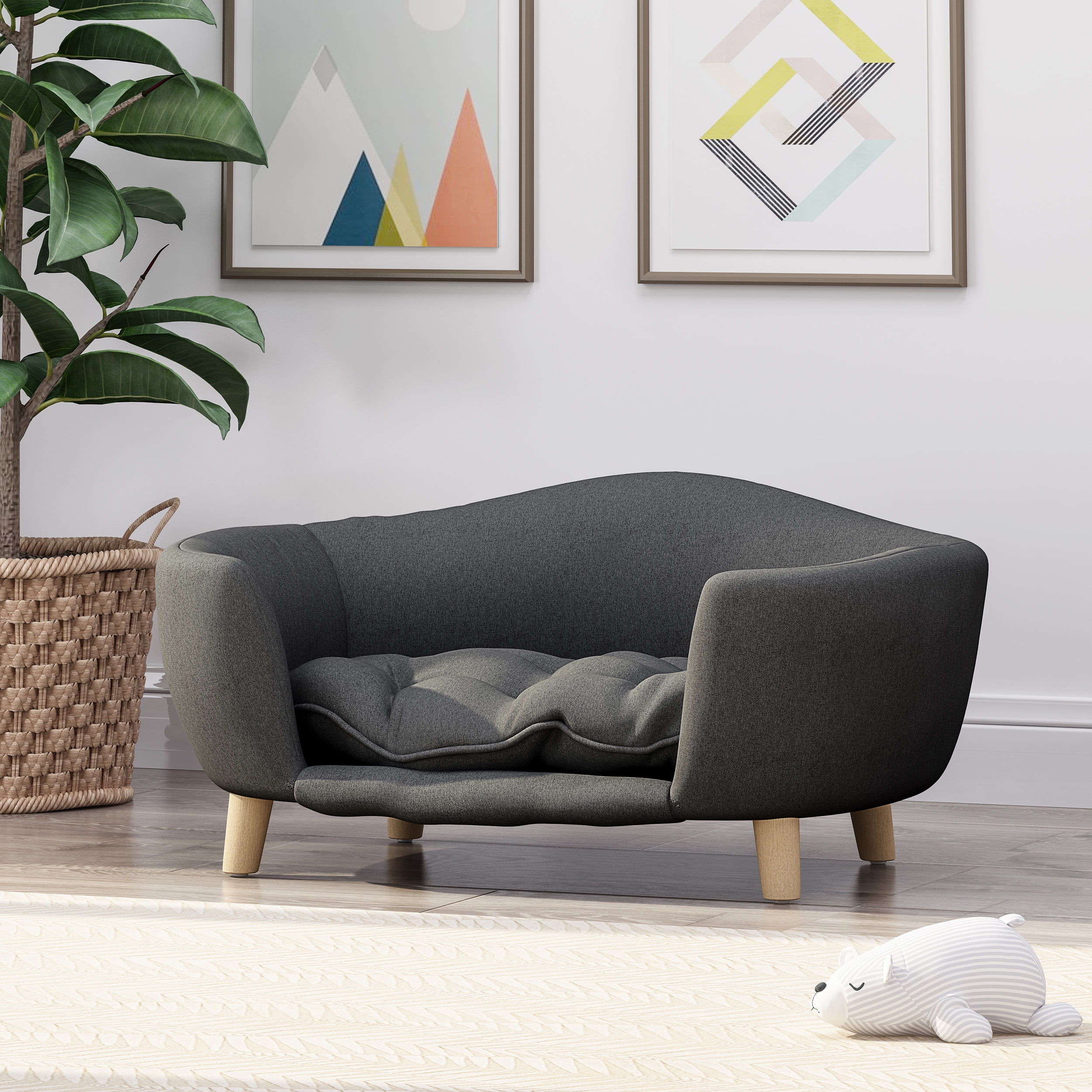 Noaman Small Dog Bed with Birch Wood Legs, 30.25 x 21.75 x 14 Inches Plush Tufted Cushion Pet Bed for Small Dogs 11-25 lbs, Mid-Century Modern Design, Dark Gray