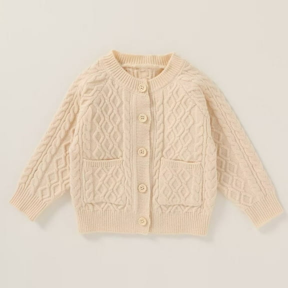 LIJCC Baby Girls Solid Color Cable Knit Toddler Cardigan Long Sleeve Crewneck Chunky Crochet Cardigans with Pockets Fall Winter Open Front Knit Sweaters