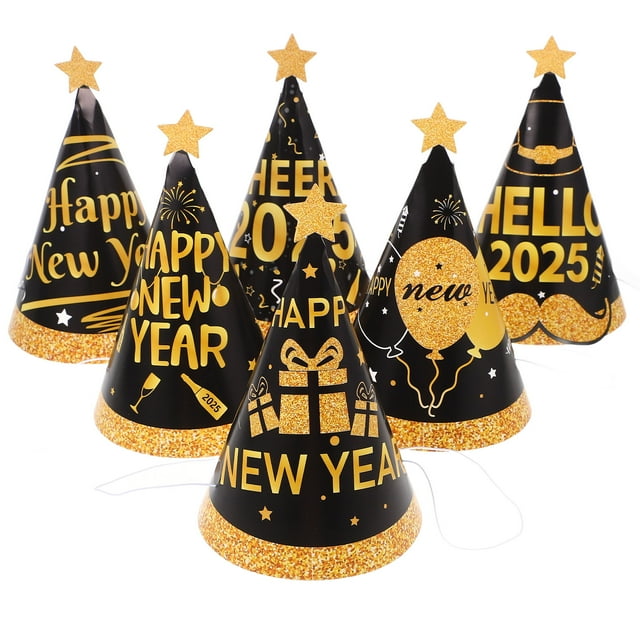 KAKOWELY 6 sombreros de fiesta de Año Nuevo, conos de papel, diademas y tiaras para la cuenta regresiva.