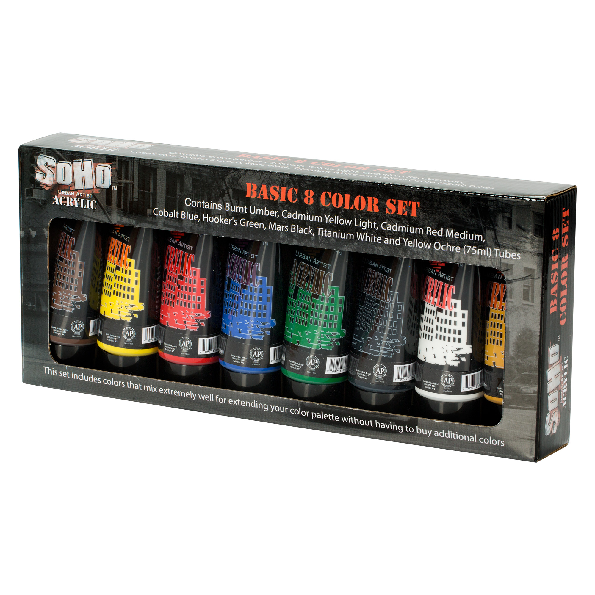 SoHo Urban Artist Heavy Body Acrylic Paint - Set of 8 - 75mL - Assorted - Thick, Rich Color, Excellent Coverage, Professional Quality - Artists Acrylic Paint
