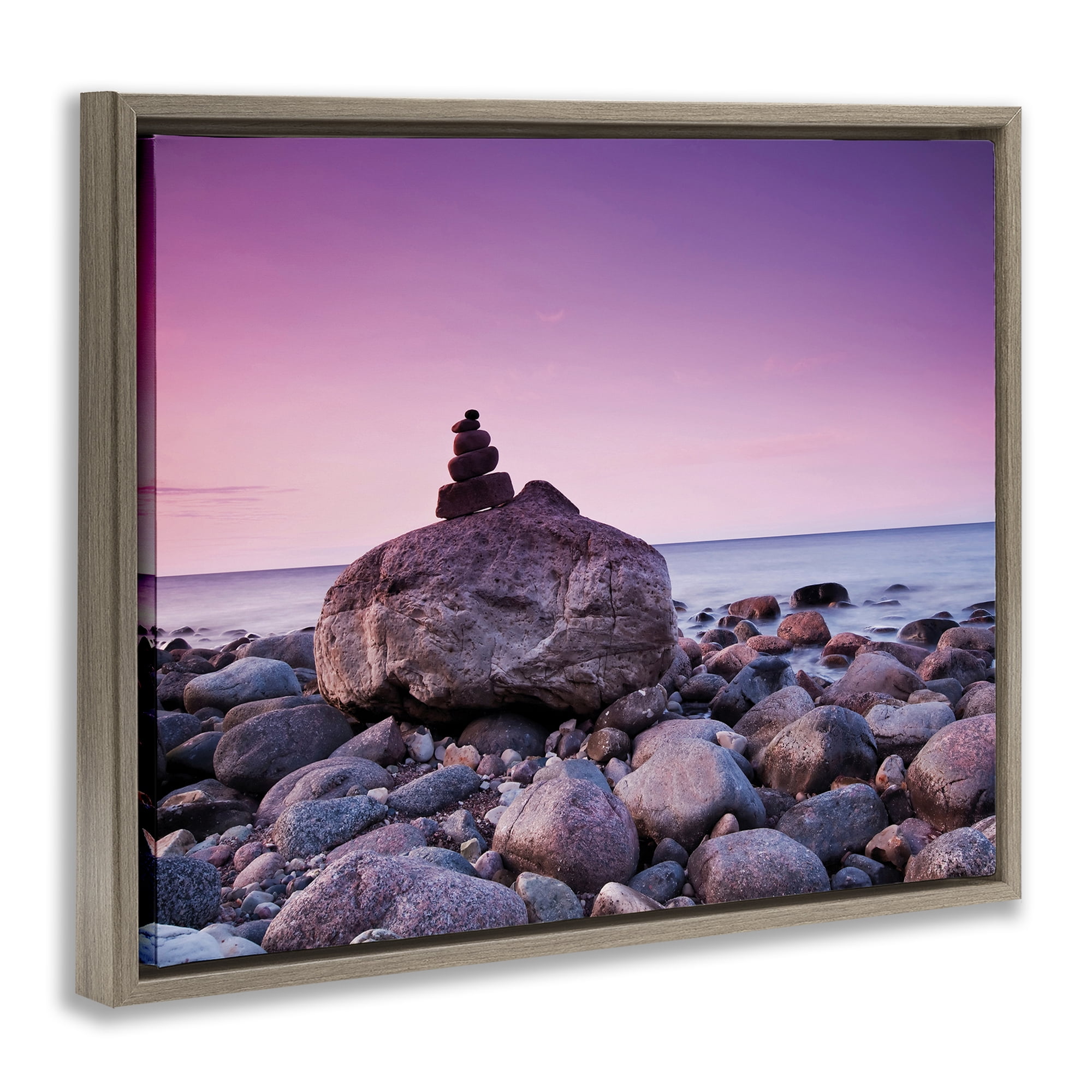 Stupell Industries Stacked Rocks on Shore Nautical & Beach Photography Brown Floater Framed Canvas Art Print Wall Art, 21 x 17