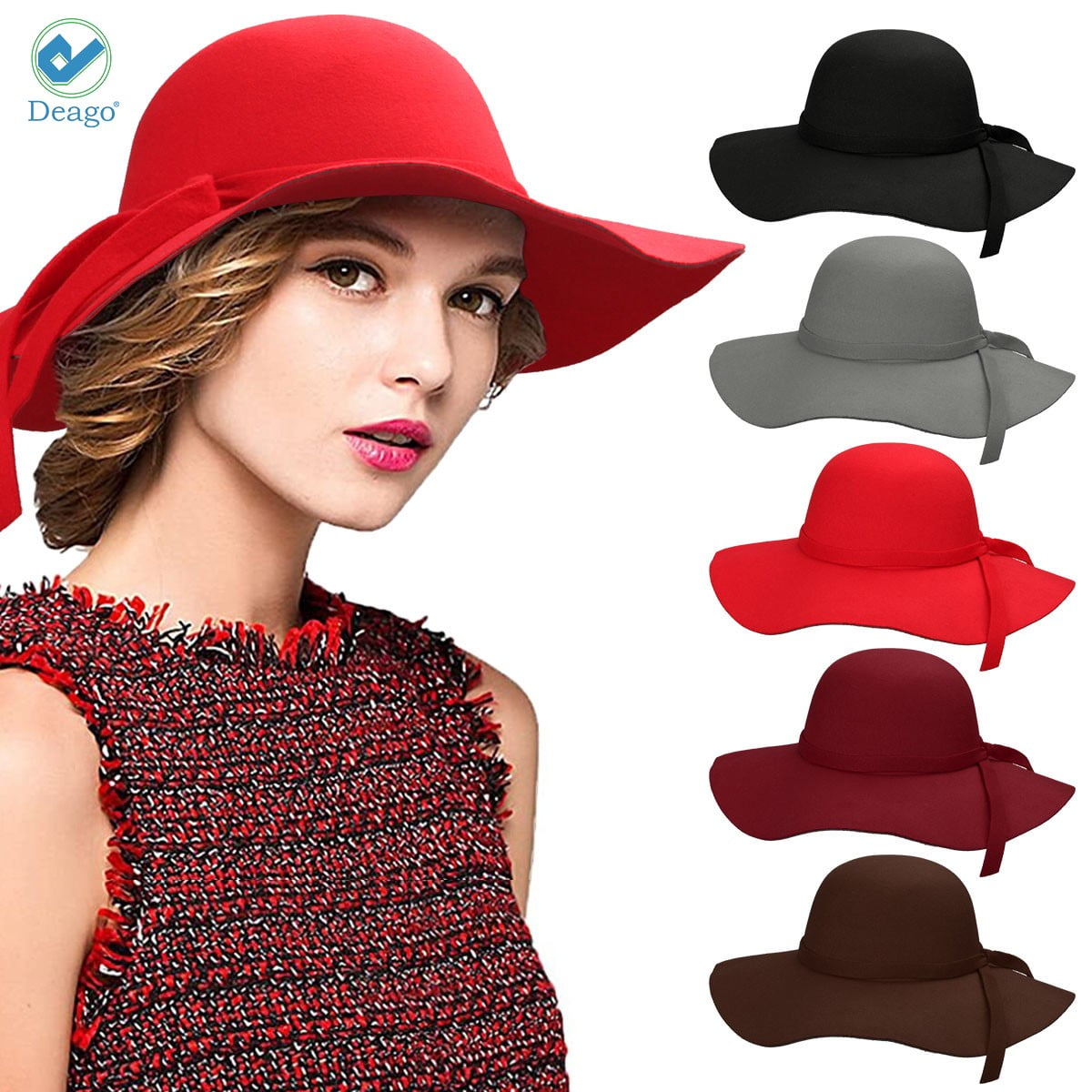 Argonv Women Vintage Wide Brim Floppy Warm Fashion Felt Hat Trilby Bowler 6 Colors 