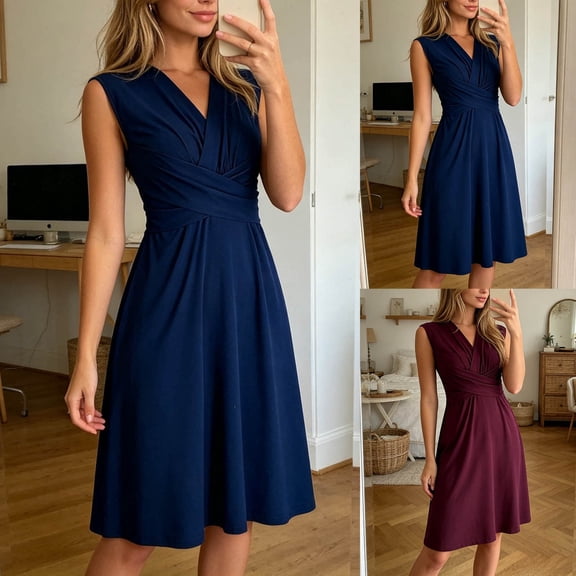 Miluxas Women's Elegant Midi Dress Sleeveless Wrap V Neck Dress Ruched Waist A Line Swing Dress Casual formal Work Cocktail Party Dress Purple