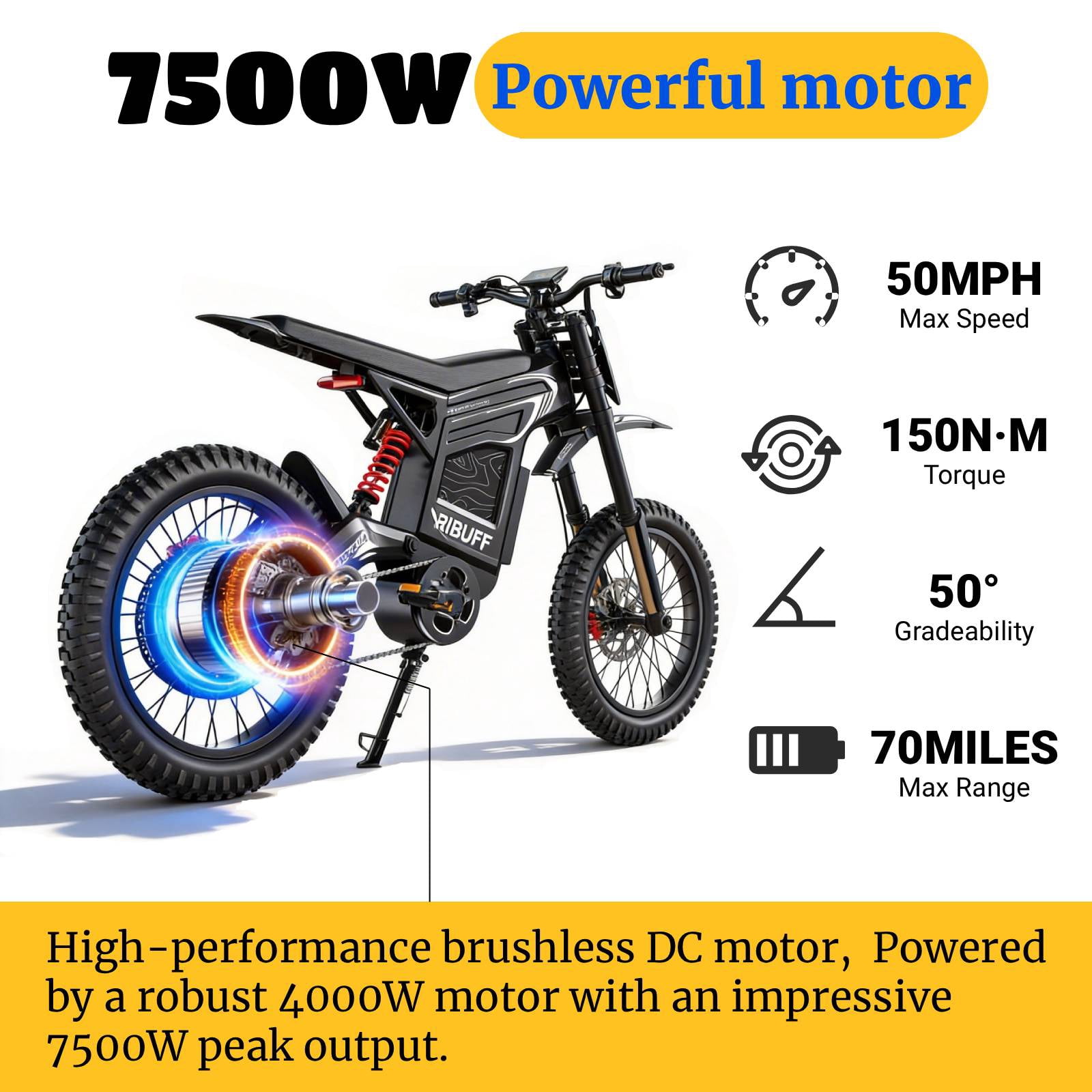 7500W Electric Motorcycle for Adult, Electric Dirt Bike for 50 Mph, 72V 30Ah Removable Battery, Range Up to 70 Mile, High-Strength Carbon Steel Frame