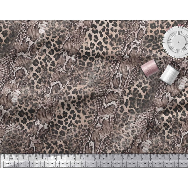 Soimoi Pink polyester Crepe Fabric Leopard & Snake Animal Skin Decor Fabric Printed Yard 52 Inch Wide