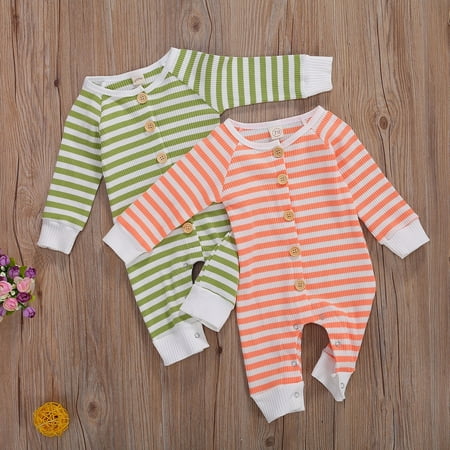 

Breathable Newborn Infant Striped Romper Autumn Summer Baby Boys Girls Long Sleeve Round Collar Single-breasted Jumpsuit