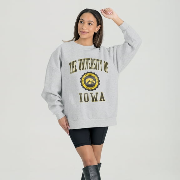Women's Gameday Couture Steel Iowa Hawkeyes Oversized Good Vibes Premium Fleece Drop Shoulder Pullover Sweatshirt