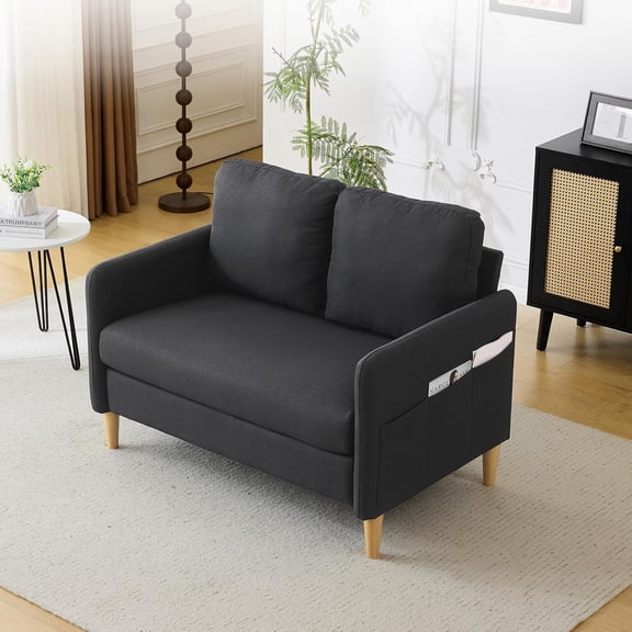 Neatifyes 47" Small Couch, Linen Loveseat Sofa Black Mini Couch Mid Century Modern Decor Love Seat for Small Spaces Living Room, Bedroom, Play Room