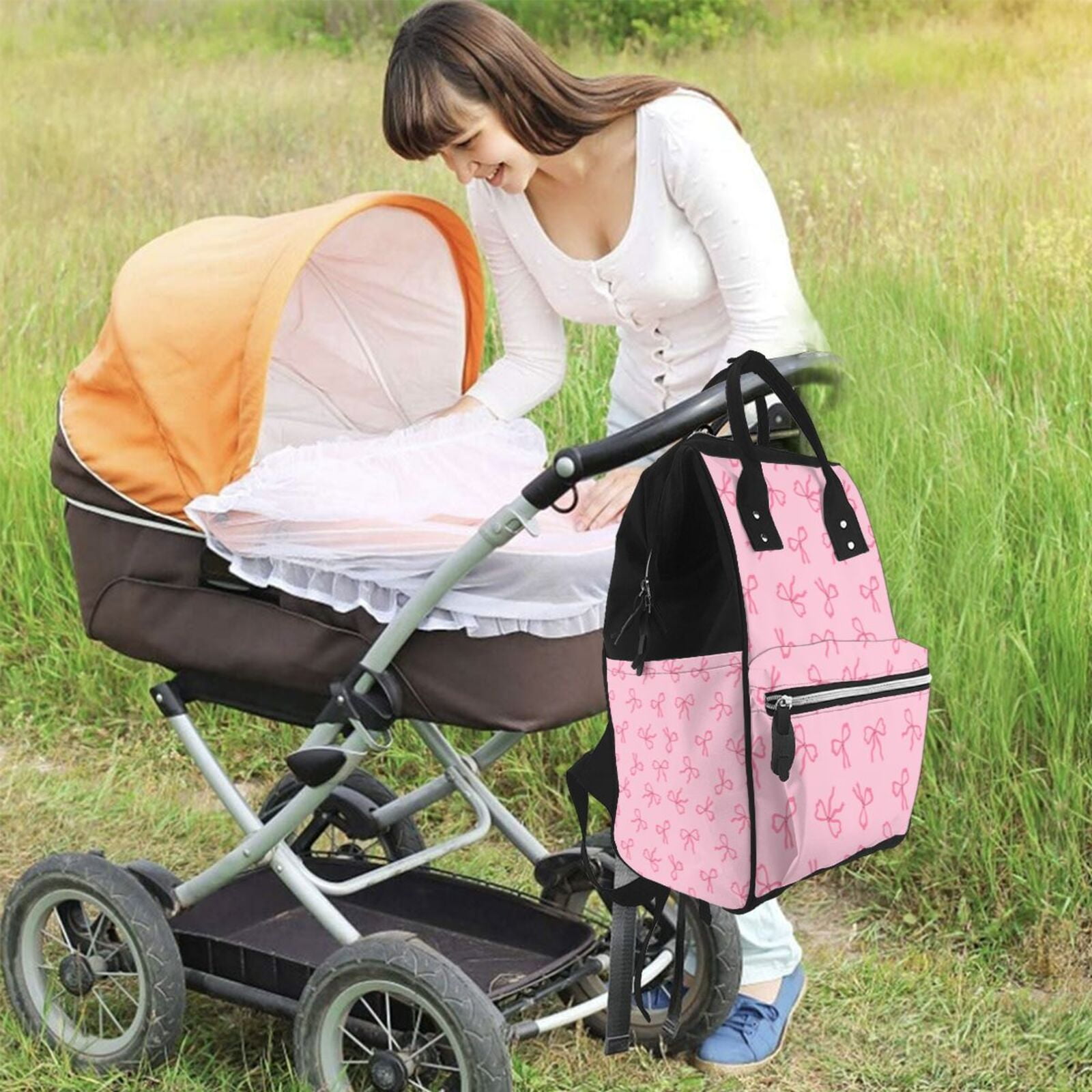 Ratiio Pink Bows Mummy Backpack - Waterproof Twill Canvas, Large Capacity Diaper Bag with Multiple Pockets and Adjustable Straps