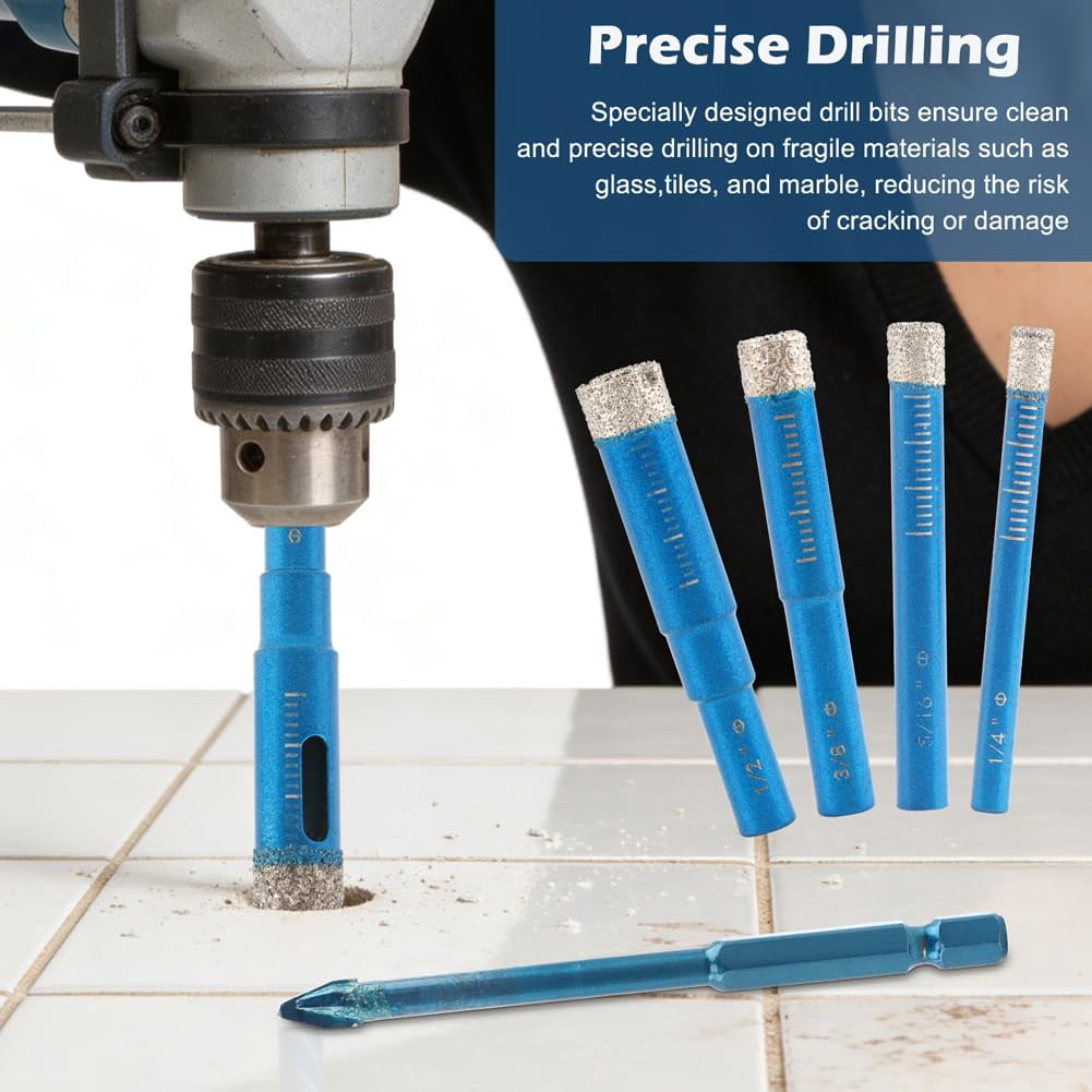 FRKSMD-9Pcs Diamond Drill Bit Set, Multifunctional Precision Drilling Tool for Porcelain Tile Ceramic Glass Granite Concrete, Blue Dry Diamond Bits