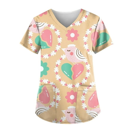 

netehipn Scrub Tops Women Healing Hands Scrubs for Women Cute Animal Love Heart Floral Print Scrubs Tops Yellow L