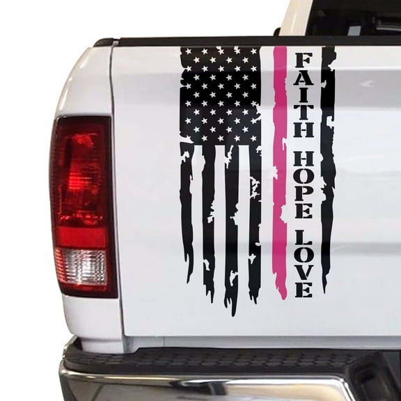 Breast Cancer Awareness Thin Pink Line Flag Faith Hope Love Distressed American USA US Flag Truck Tailgate Vinyl Decal Compatible with most Pickup Trucks (11" x 20", Black & Pink)