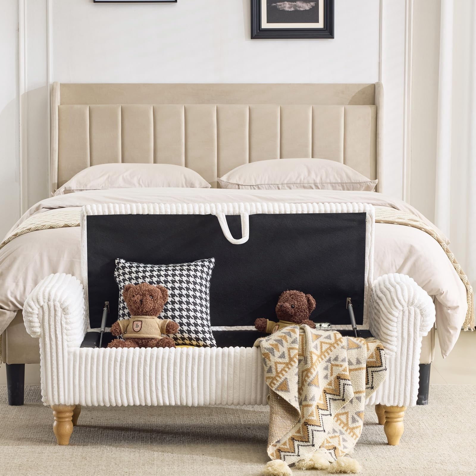 51.5" Storage Ottoman Bench, Upholstered Corduroy End of Bed Bench with Hidden Storage for Bedroom, Entryway & Living Room, White