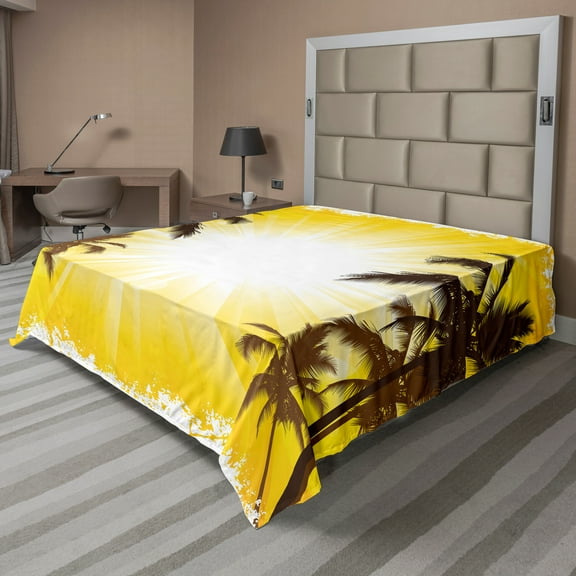 Ambesonne Tropical Flat Sheet, Place with Palm Trees, Queen Size, Yellow and White