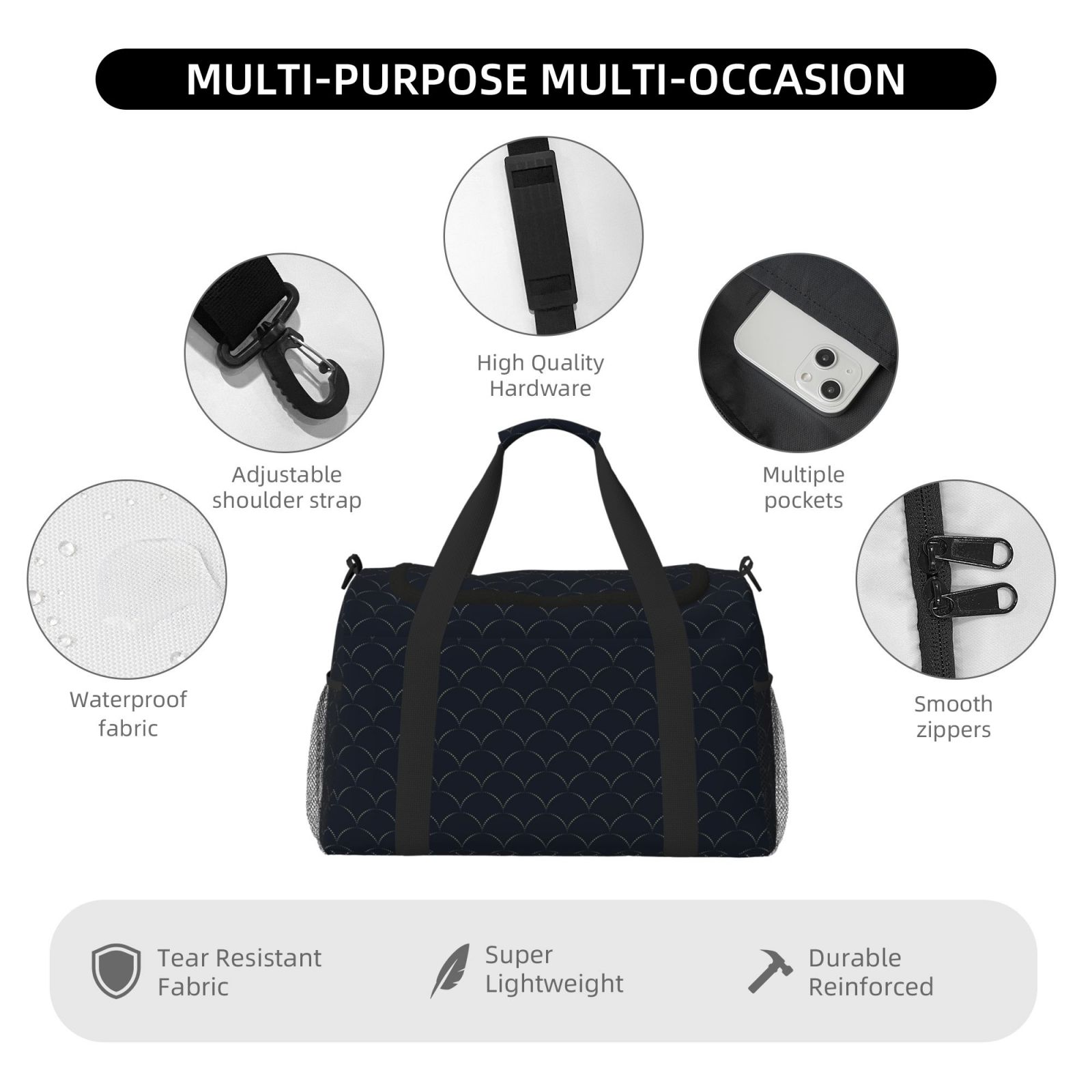 Fuzoiu Black Fish scales Print Travel Duffle Bag,Carry On Tote Bags,Duffel Bag,Sport Gym Bag, Hospital Bag for Labor and Delivery, Overnight Bag,Luggage Bag