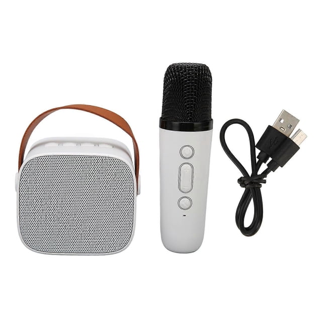 Bluetooth Speaker Microphone Set HD Stereo Rechargeable Retro Portable Karaoke Machine for Kids Adults Party White