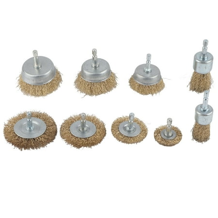 

9-Piece 1/4in Hex Shank Drill Wire Brush Wheel Set for Wood and Metal Surface Cleaning and Polishing