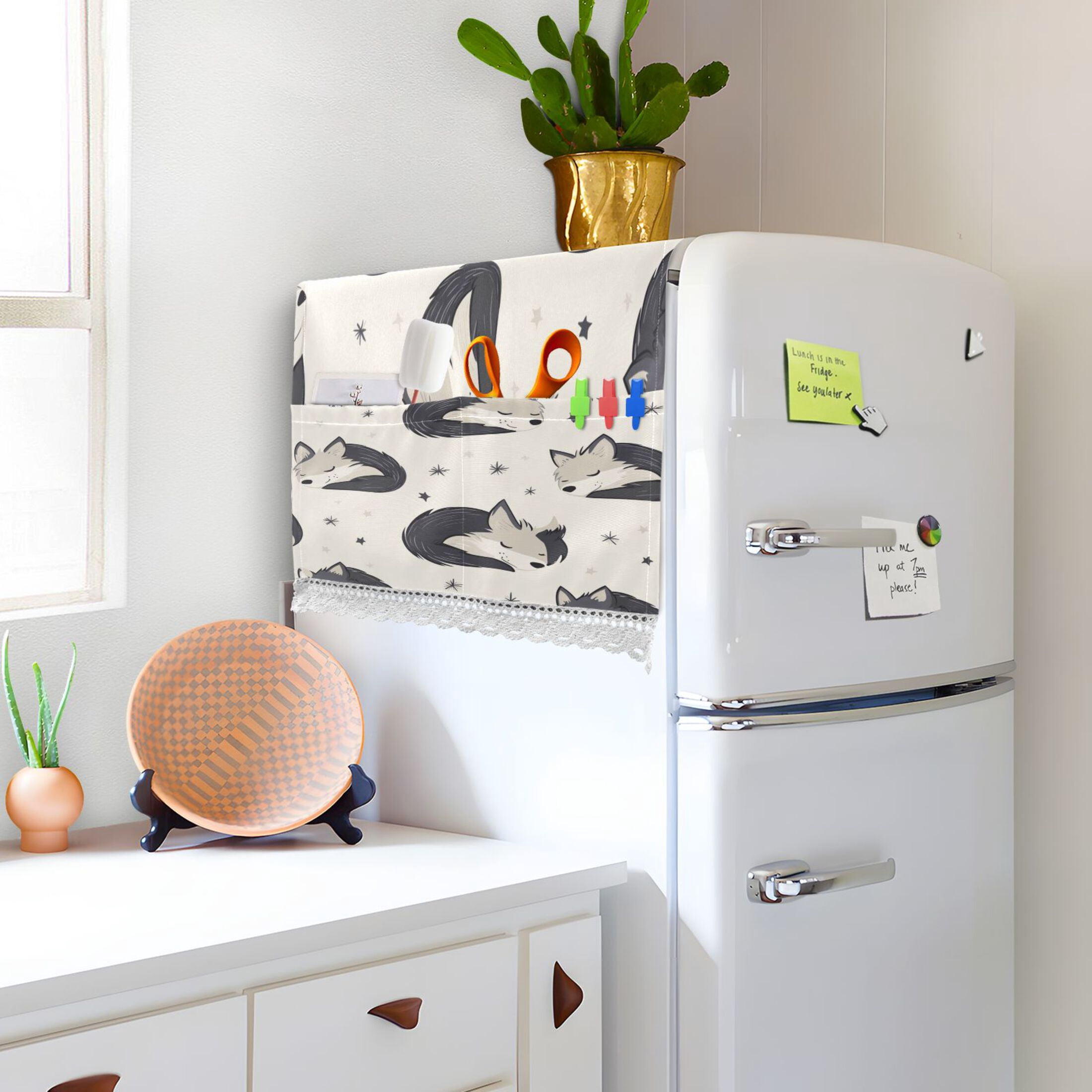 Cute Sleeping WolfWasher and Dryer Covers Dust-Proof and Oil Resistant Fridge Cover with 4 Storage Pockets Washing Machine Top Cover for Laundry Kitchen Home 51.2 x 22 In