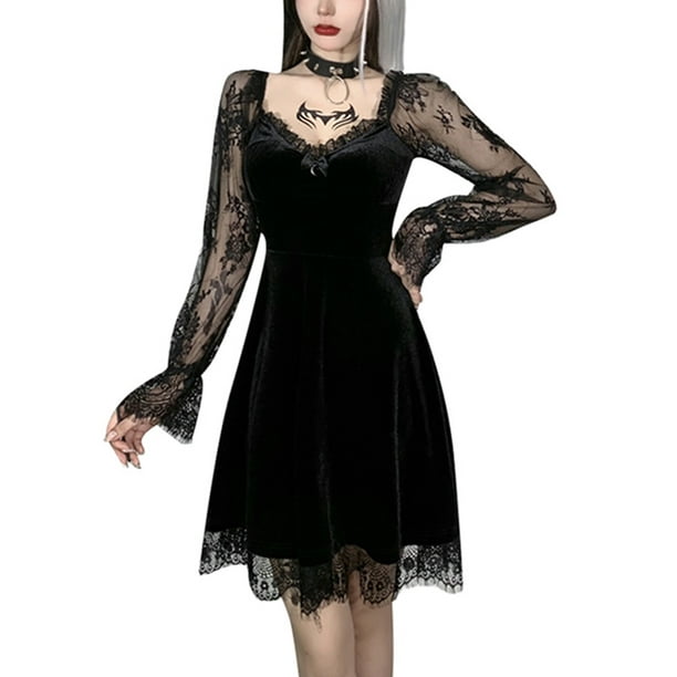 Women Gothic Dress Vintage Velvet Mini Dress Elegant Lace Tirm High Waist Dress Goth Punk Dark Fairy Grunge Dress - Walmart Business Supplies Women Gothic Dress Vintage Velvet Mini Dress Elegant Lace Tirm High Waist Dress Goth Punk Dark Fairy Grunge Dress - Walmart Business Supplies