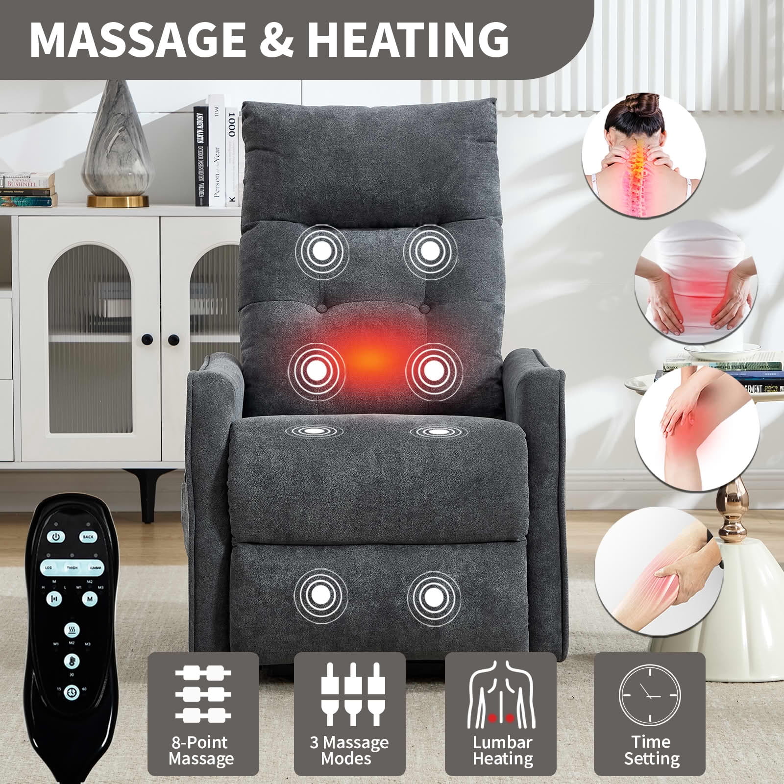MAYEERTY Grey Chenille Power Lift Recliner Chair, Massage Heat USB Port 25"x36"x39" for Elderly