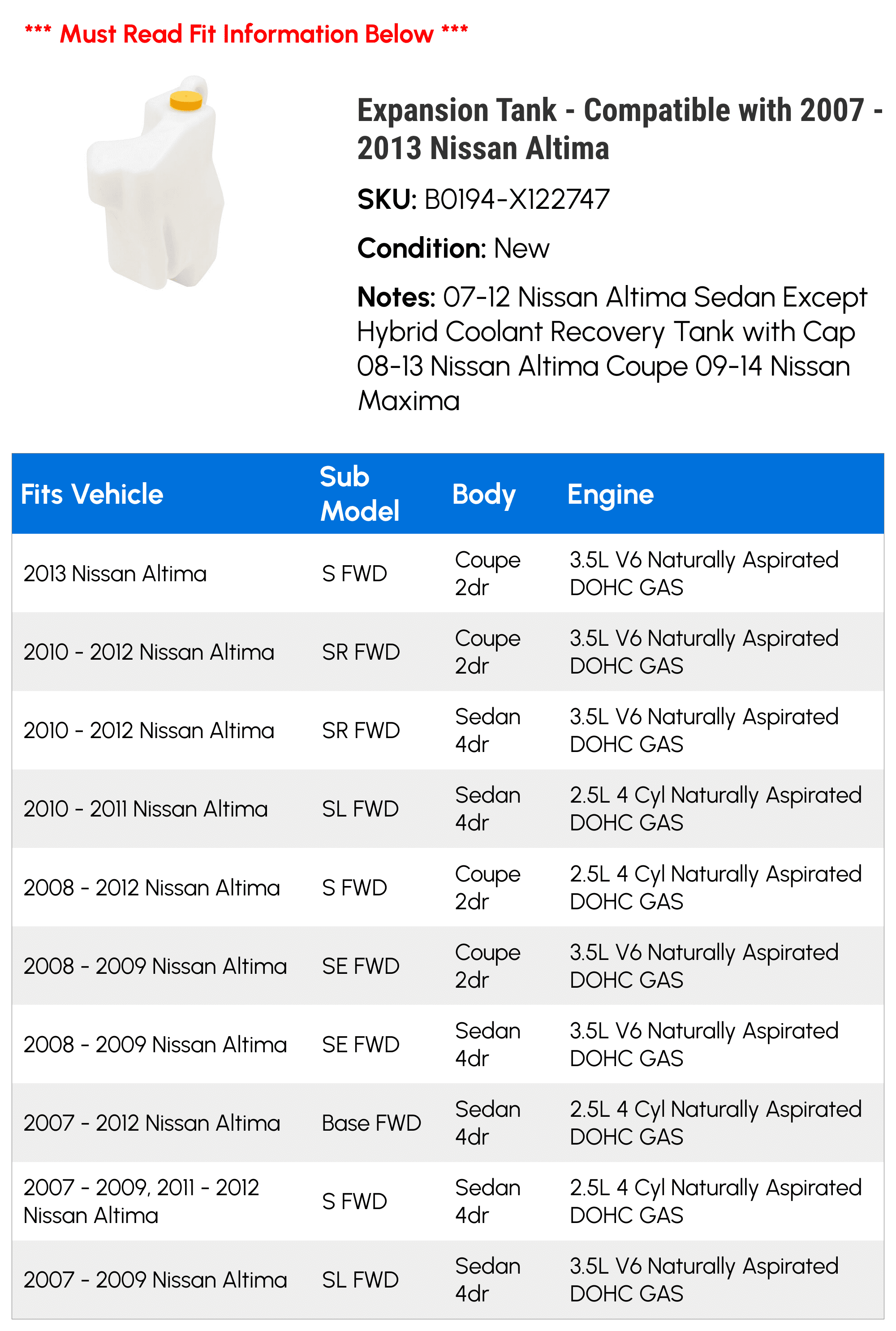 Expansion Tank - Compatible with 2007 - 2013 Nissan Altima 2008 2009 2010 2011 2012