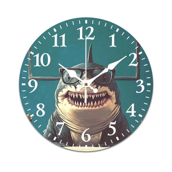 Home Decoration Wall Clock, Ocean Shark Teacher Funny Pattern Retro Mute Non-Ticking Classic Wall Clock Battery Powered Suitable for Home, Living Room, Kitchen, Office Decorations