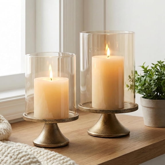 Liwantech Set of 2 Hurricane Candle Holder Set - Gold Glass Pillar Candle Holders with Iron Base for Dining Room Table Centerpiece, Wedding Party, Decorative Home Decor