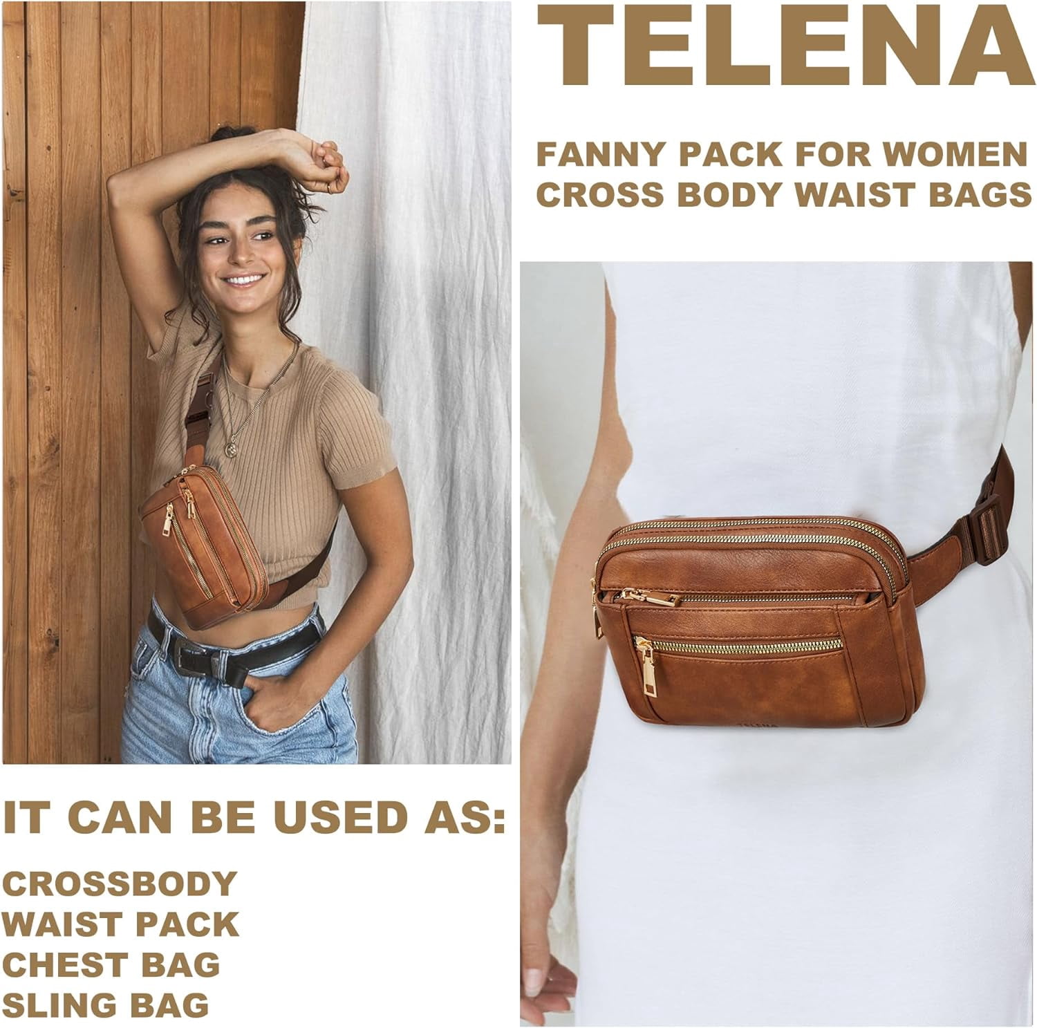 Fanny Packs for Women Cross Body Bag Leather Belt Bag Fashionable Waist Bag with Adjustable Strap Beige Brown