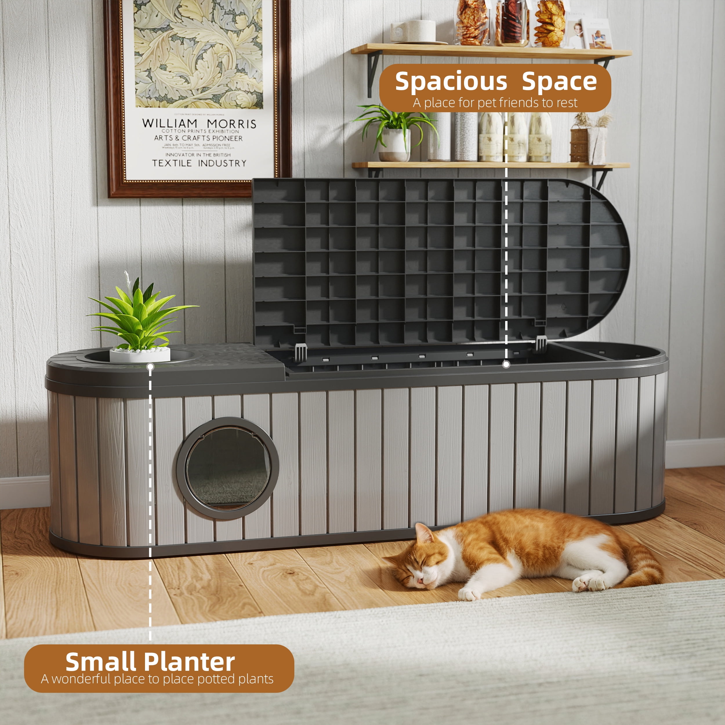 EasyUp Cat Litter Box Enclosure Resin Hidden Litter Box Furniture with Odor Control Vented Space-Saving Design Litter Box Enclosure for Indoor Outdoor Use(Black&Grey,63.11"*17.8"*17.13")