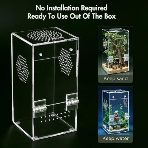 Pre-Assembled Jumping Spider Enclosure,Acrylic Terrarium with Magnetic Door & All-Side Ventilation,Habitat for Spiderling, Mantis,Tarantula,Snail,(Tweezer & Temp Sticker Included)