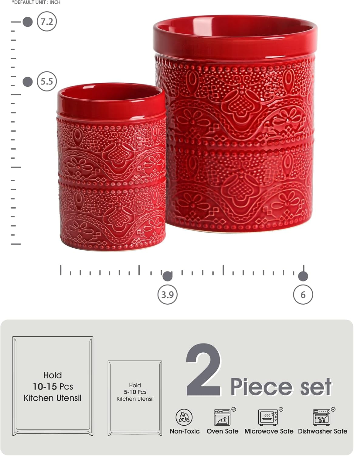 FUN ELEMENTS Kitchen Utensil Holder, 7.2+5.5" Super Large Utensil Crock Heavy and Stable Lace Emboss Ceramic Utensil Holder for Kitchen Counter (2Pcs Christmas Red)